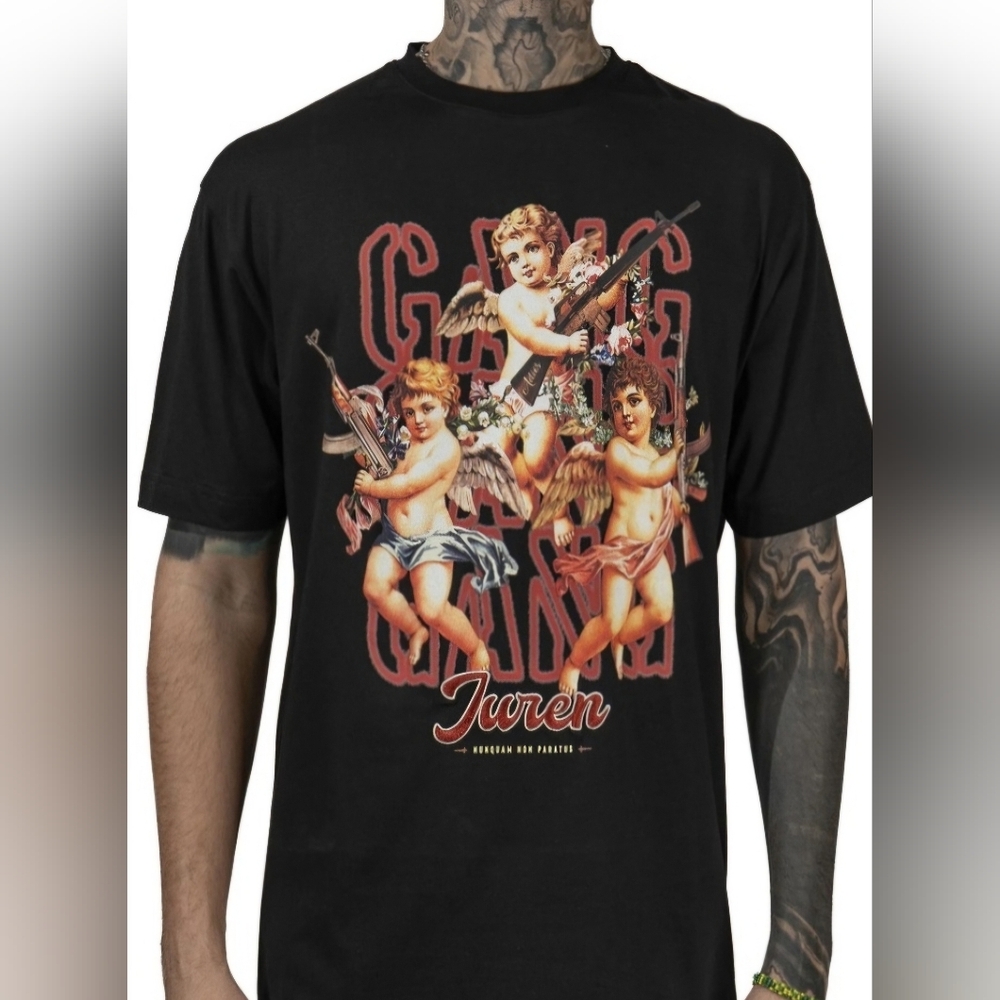 Juren Black Graphic Tee with Angel Design